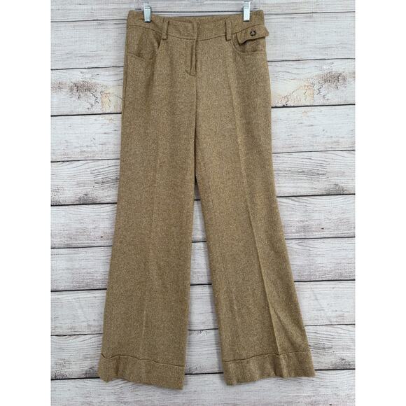 Elevenses Pants Womens 4 Brown Wool Silk Blend Flare Wide Leg Tweed Herringbone - Picture 1 of 9